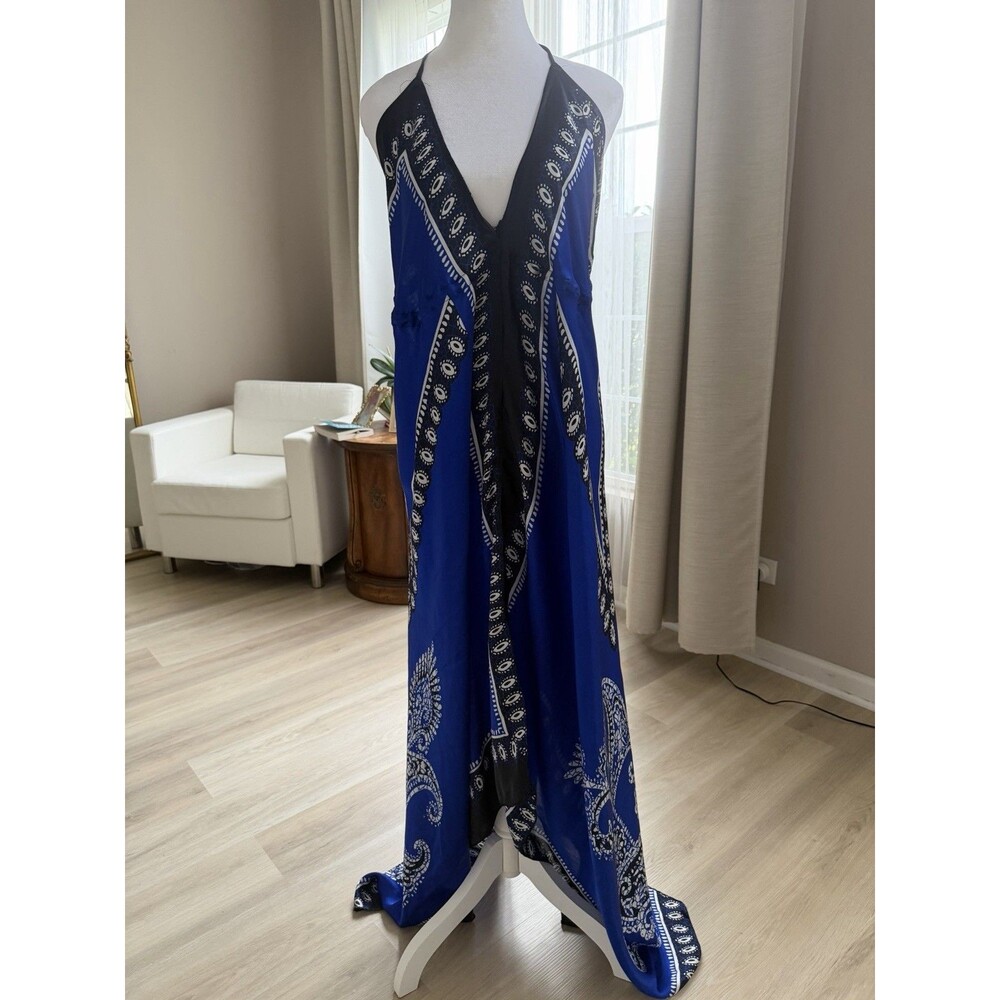 KMA Blue Black Paisley Halter Backless Maxi Dress V-Neck One Size 100% Viscose